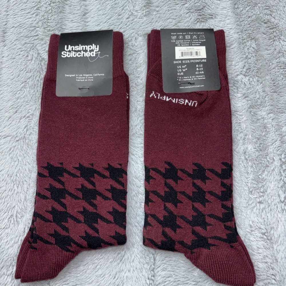 Unsimply Stitched Mens Houndstooth Dress Socks Burgundy Black Crew Size 8-12 NWT